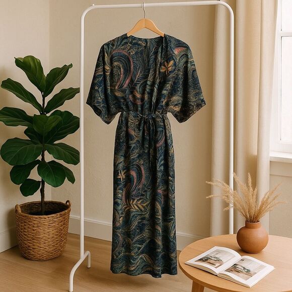 Bali Prema Amy Kimono Long Sun Dress Beach Cover Up V-Neck Batik One Size - Picture 5 of 7